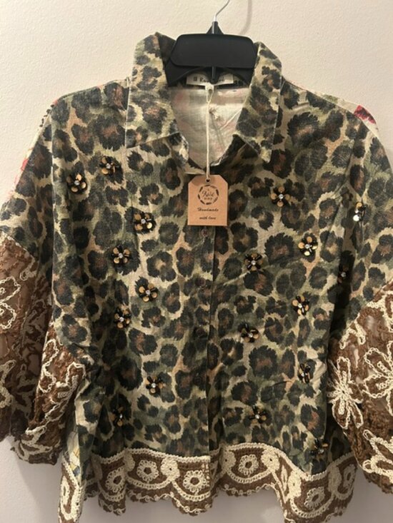 A Rare Bird Jackets & Blazers - A Rare Bird Leopard Floral Print Crochet Beaded Button Front Garden Jacket NWT